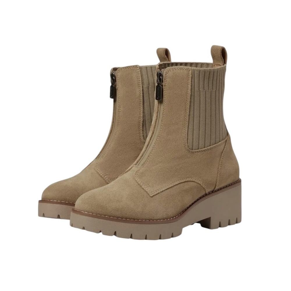 NWOB Blondo Demaria Waterproof Beige Suede Zip Front Boots Lug Sole Size 7.5